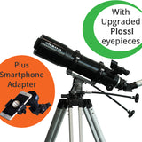 Saxon 1025 AZ3 Pioneer Refractor Telescope mounted on an aluminum tripod with a smartphone adapter attached, displayed against a white background.