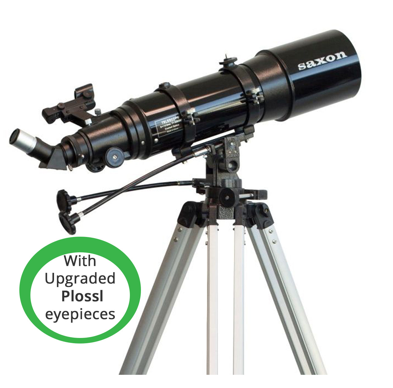 A Saxon refractor telescope with AZ mount on an aluminum tripod, equipped with upgraded Plossl eyepieces, aimed at terrestrial or astronomical viewing.