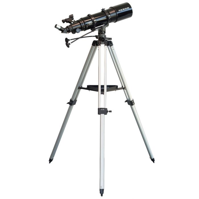 Full height silver tripod, and  black metal mount with the black  Saxon 1206-AZ3 Pioneer Refractor Telescope