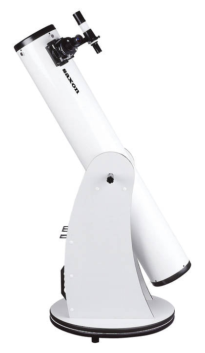 White Saxon 6" Dobsonian Telescope tall view, tube pointing up