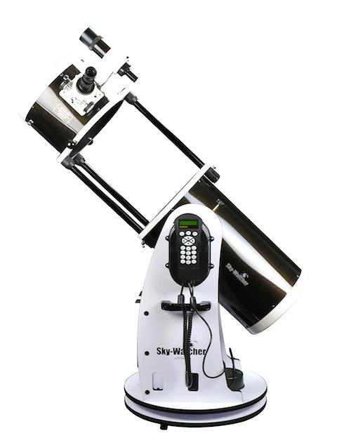 Sky-Watcher 12" Collapsible Dobsonian Telescope with GoTo showing hand controller.