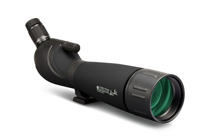 A black Konus Konuspot 80C spotting scope with tripod and smartphone adapter.