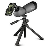 A black Konus Konuspot 80C spotting scope with tripod and smartphone adapter.