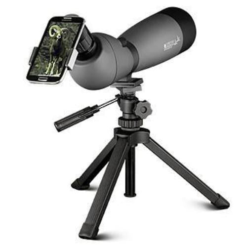 A black Konus Konuspot 80C spotting scope with tripod and smartphone adapter.