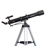 Side view of the black saxon 909-AZ3 Refractor Telescope with silver tripod