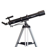 Side view of the black saxon 909-AZ3 Refractor Telescope with silver tripod