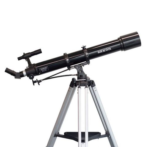 Side view of the black saxon 909-AZ3 Refractor Telescope with silver tripod