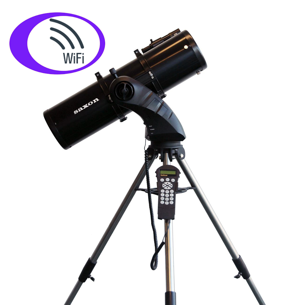 Black saxon AstroSeeker 15075 Reflector Telescope  showing hand controller and WiFi badge