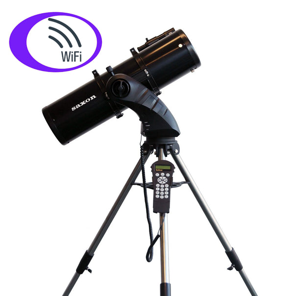 Black saxon AstroSeeker 15075 Reflector Telescope  showing hand controller and WiFi badge